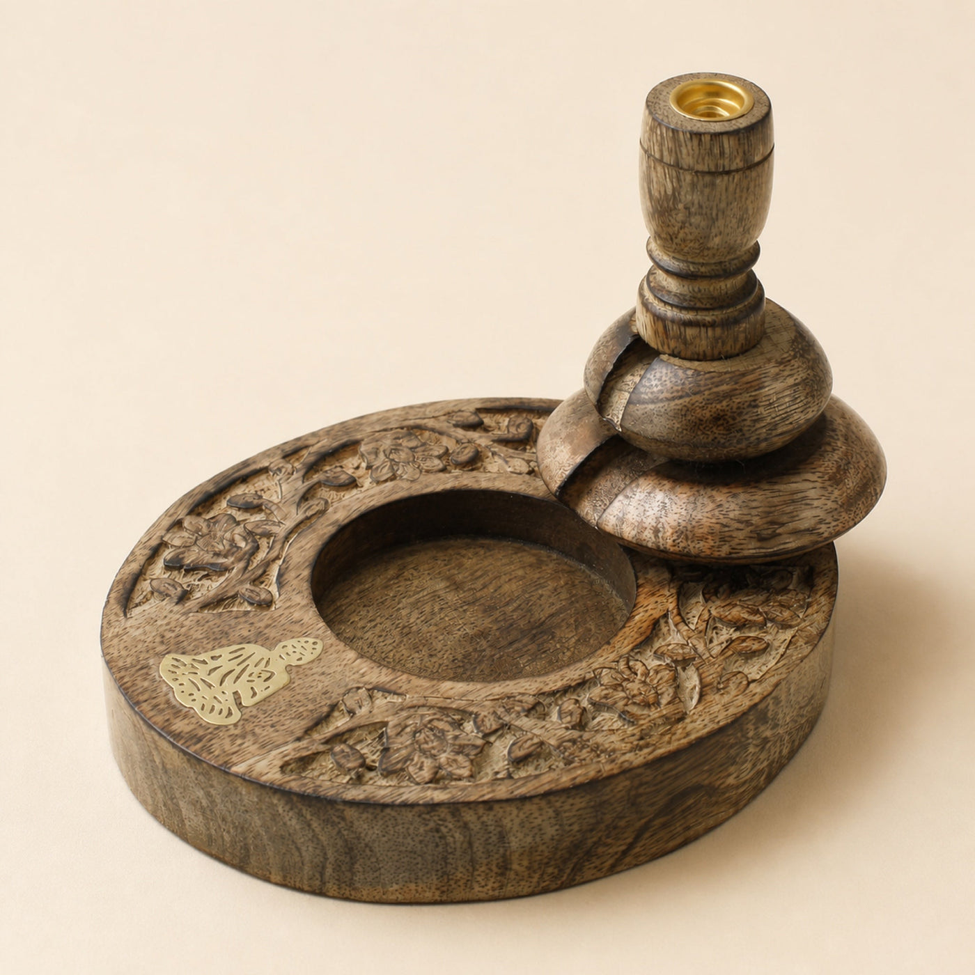Medium Mango Wood Backflow Burner, Brass Buddha