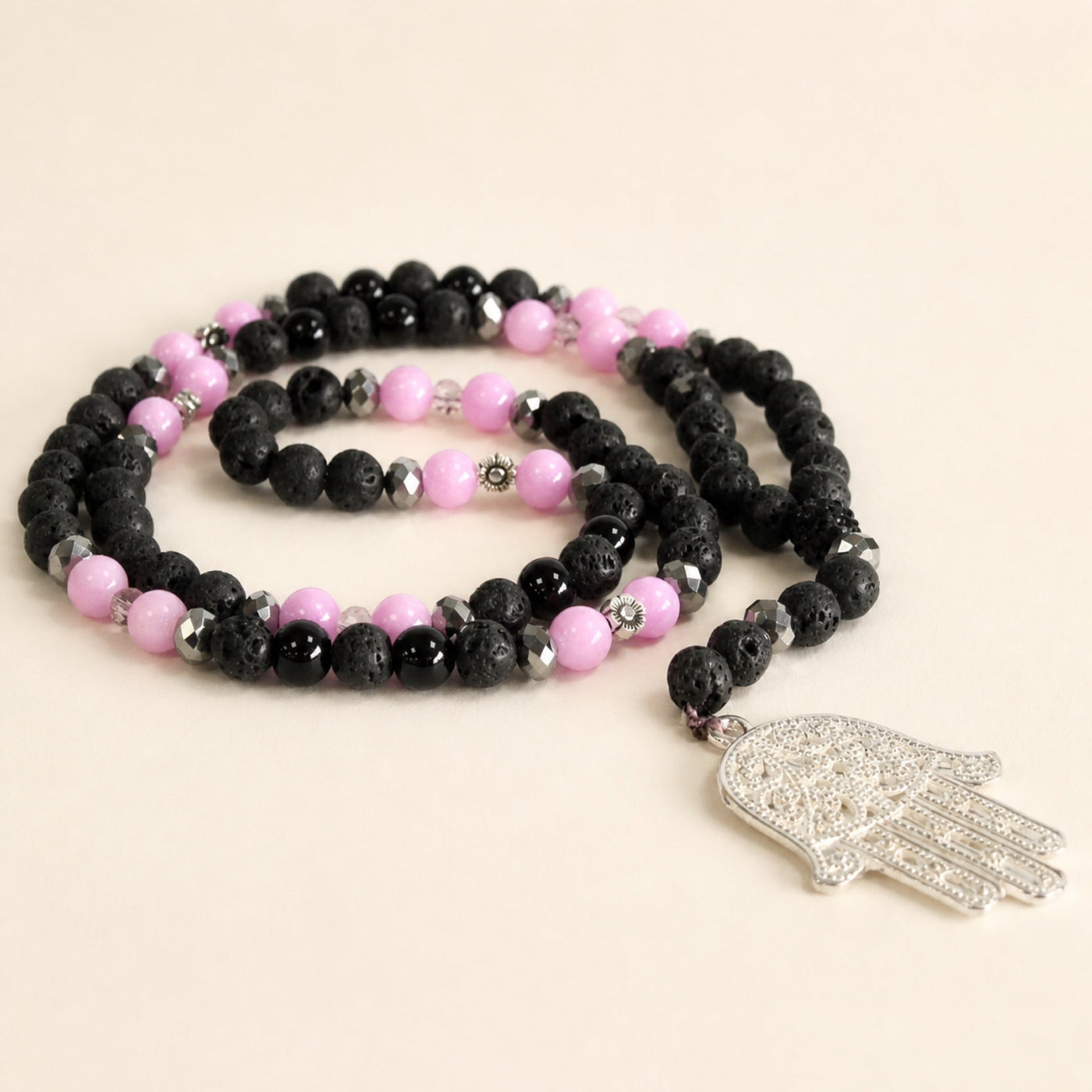 Hamsa Necklace, Pink & Black Beads, 48cm