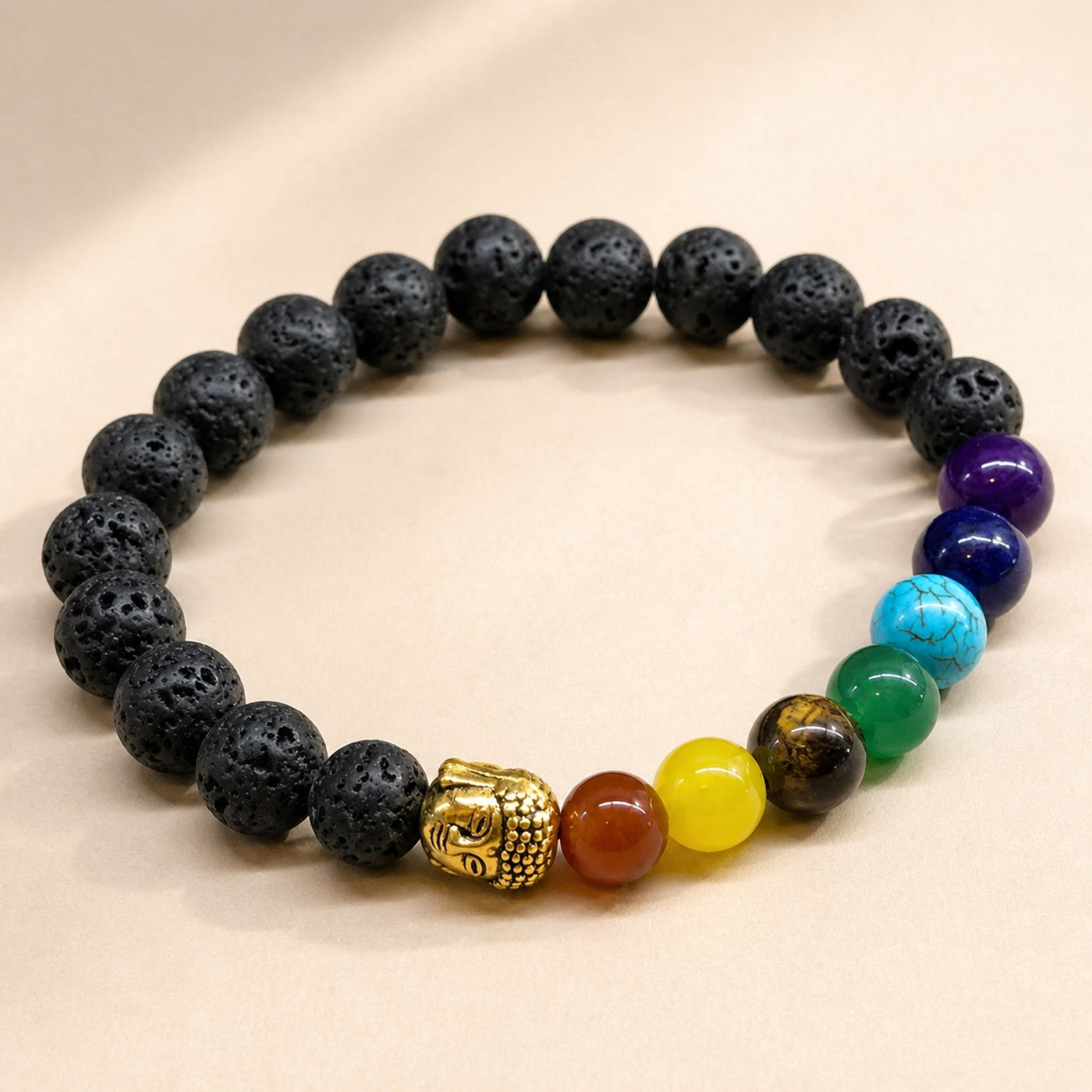 Lava Stone Bracelet, Buddha & Chakra Beads