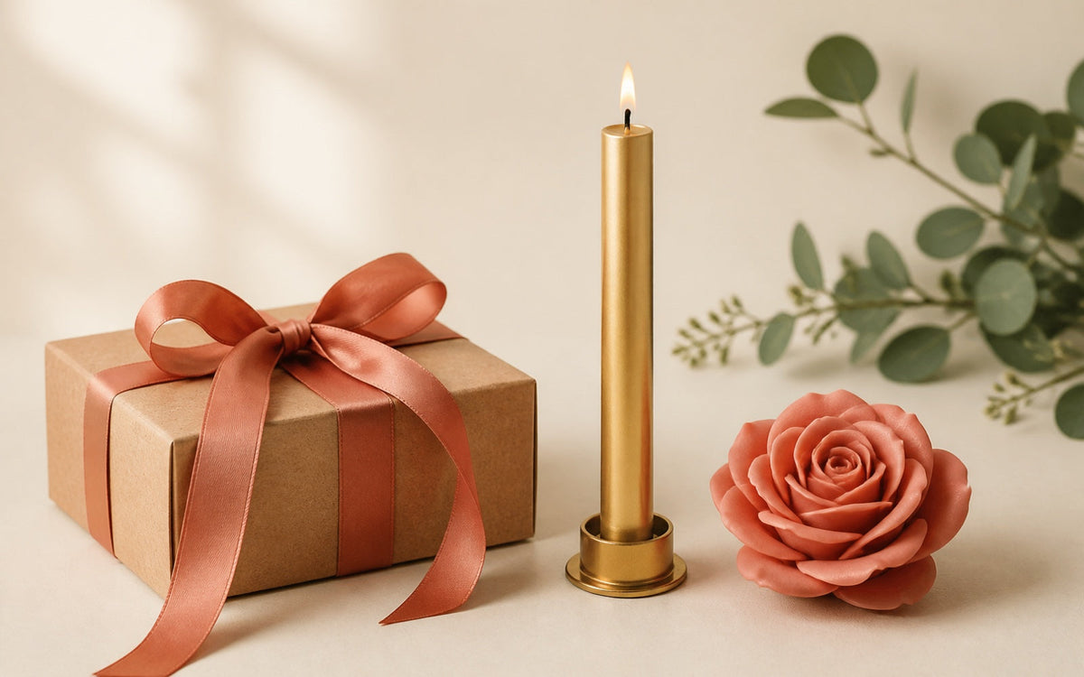A kraft gift box with terracotta ribbon, a lit slim gold candle and a soap rose