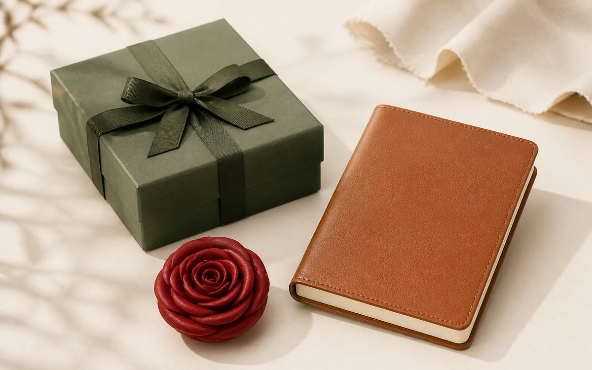 A deep green gift box, a leather journal and a dark red soap rose
