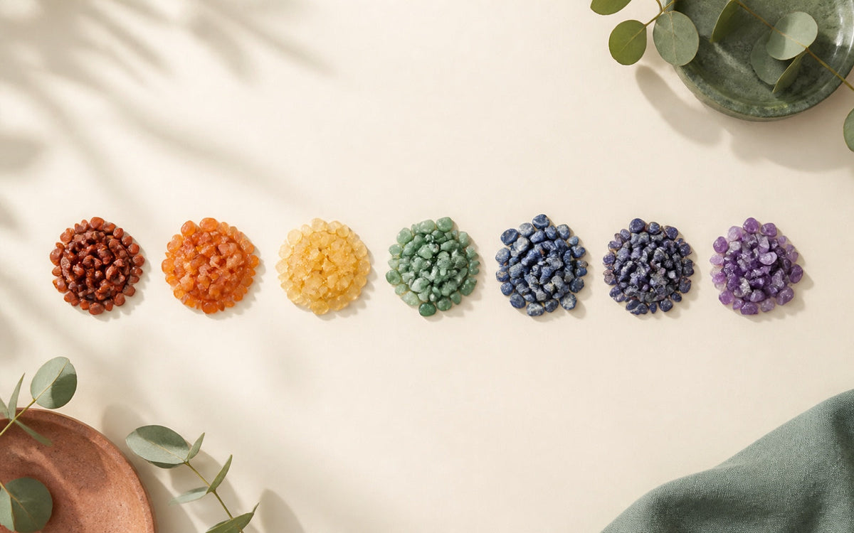 Seven gemstone chips arranged in a vertical rainbow line from red to violet
