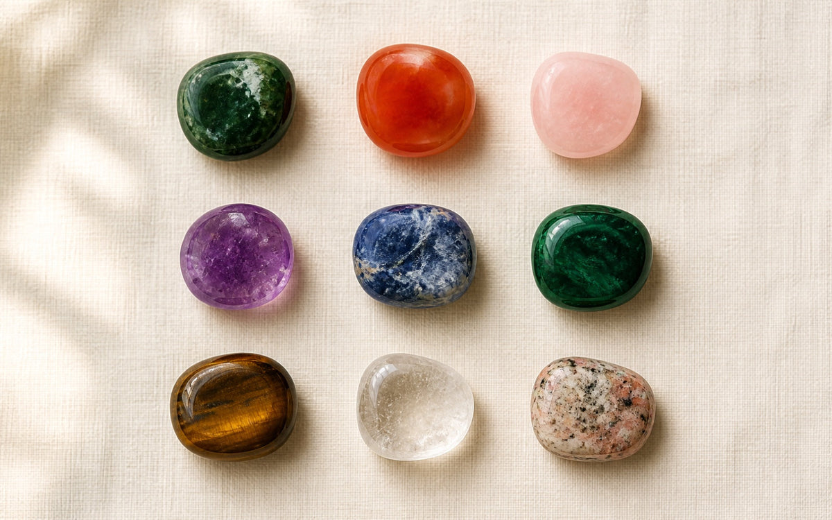 Nine polished crystals laid in a grid on cream linen