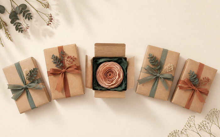 Five wrapped gifts in kraft paper and cream ribbon arranged in an arc, one open showing a soap flower