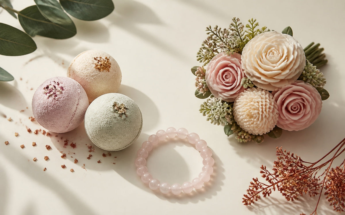 Pastel bath bombs, a rose quartz bracelet and a soap flower posy on cream linen