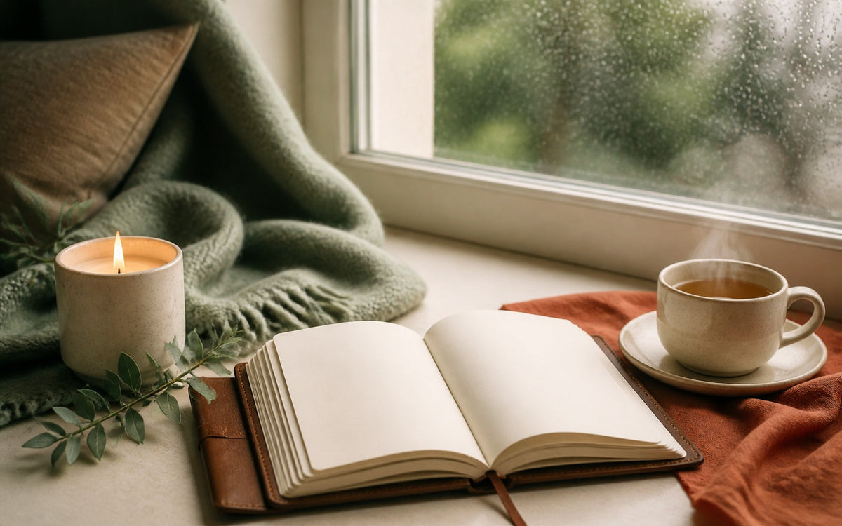 A lit candle, an open leather journal, a folded blanket and a cup of tea by a rainy window