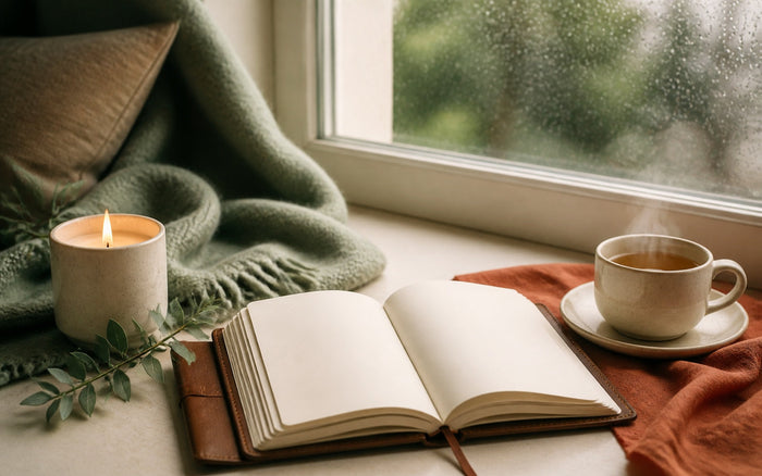 A lit candle, an open leather journal, a folded blanket and a cup of tea by a rainy window