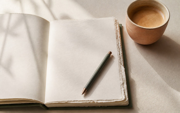 An open deckle-edge leather journal with a pen resting on a blank page