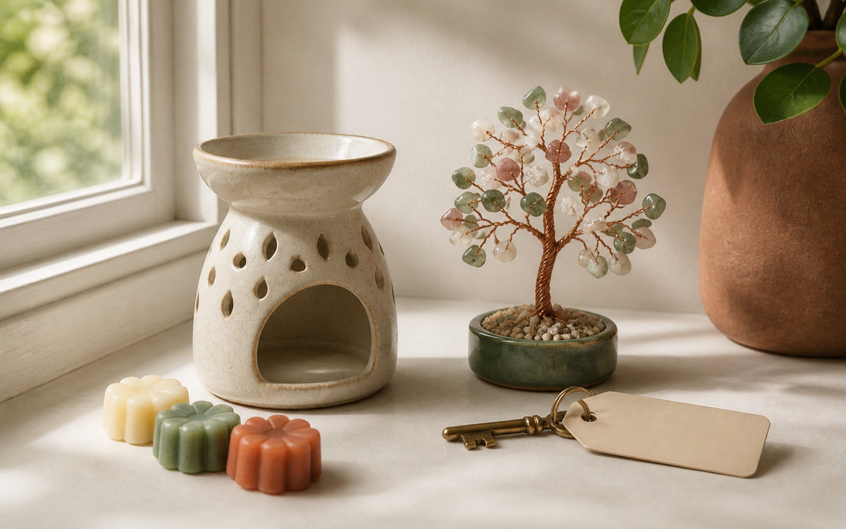 An oil burner, wax melts, a gemstone tree and a house key with a tag on a windowsill