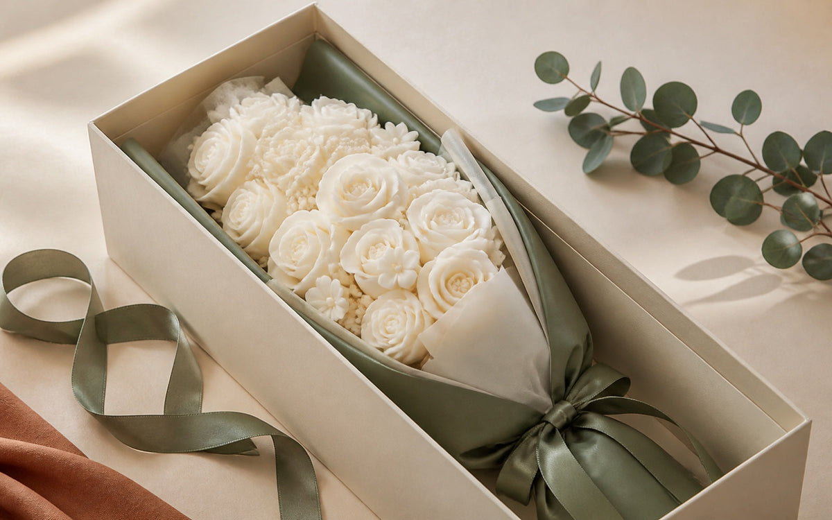 A white and ivory soap flower bouquet in a long cream box with silk ribbon