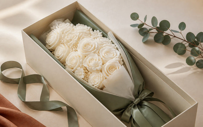 A white and ivory soap flower bouquet in a long cream box with silk ribbon