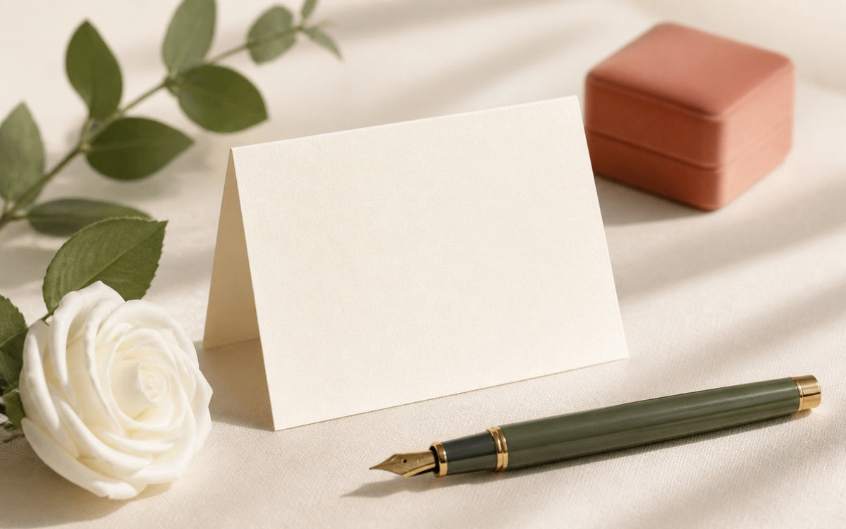 A blank ivory wedding card with a fountain pen and a white soap rose