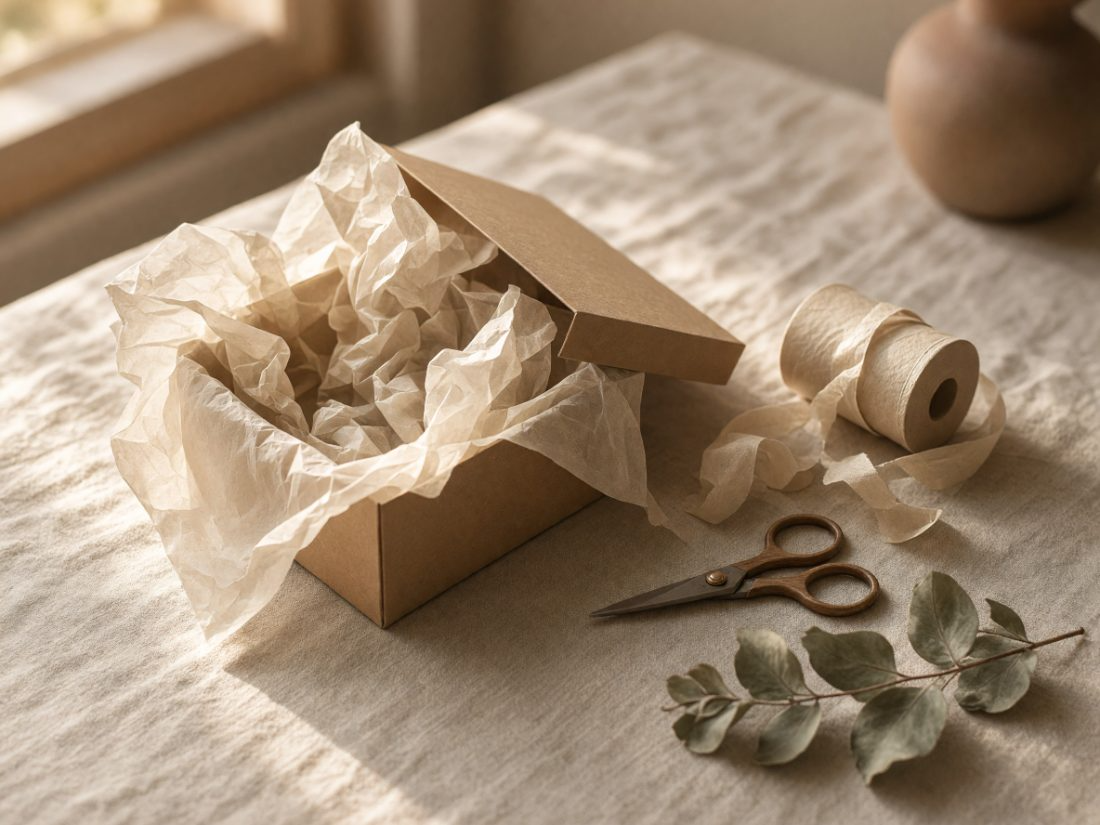 The Wrenfold wrapping table, with tissue, ribbon and a part-packed gift box