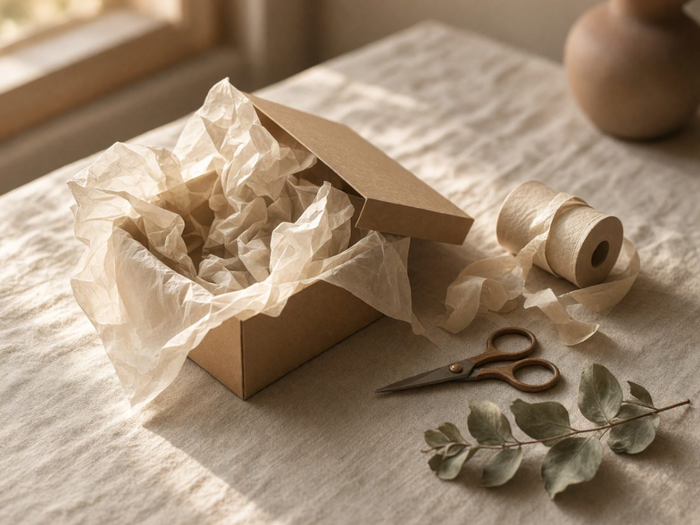 The Wrenfold wrapping table, with tissue, ribbon and a part-packed gift box