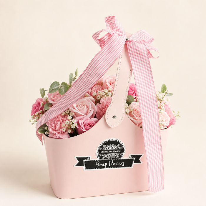 Basket Soap Flower Bouquet, pink