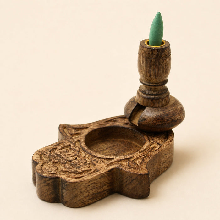 Small Mango Wood Backflow Burner, Hamsa