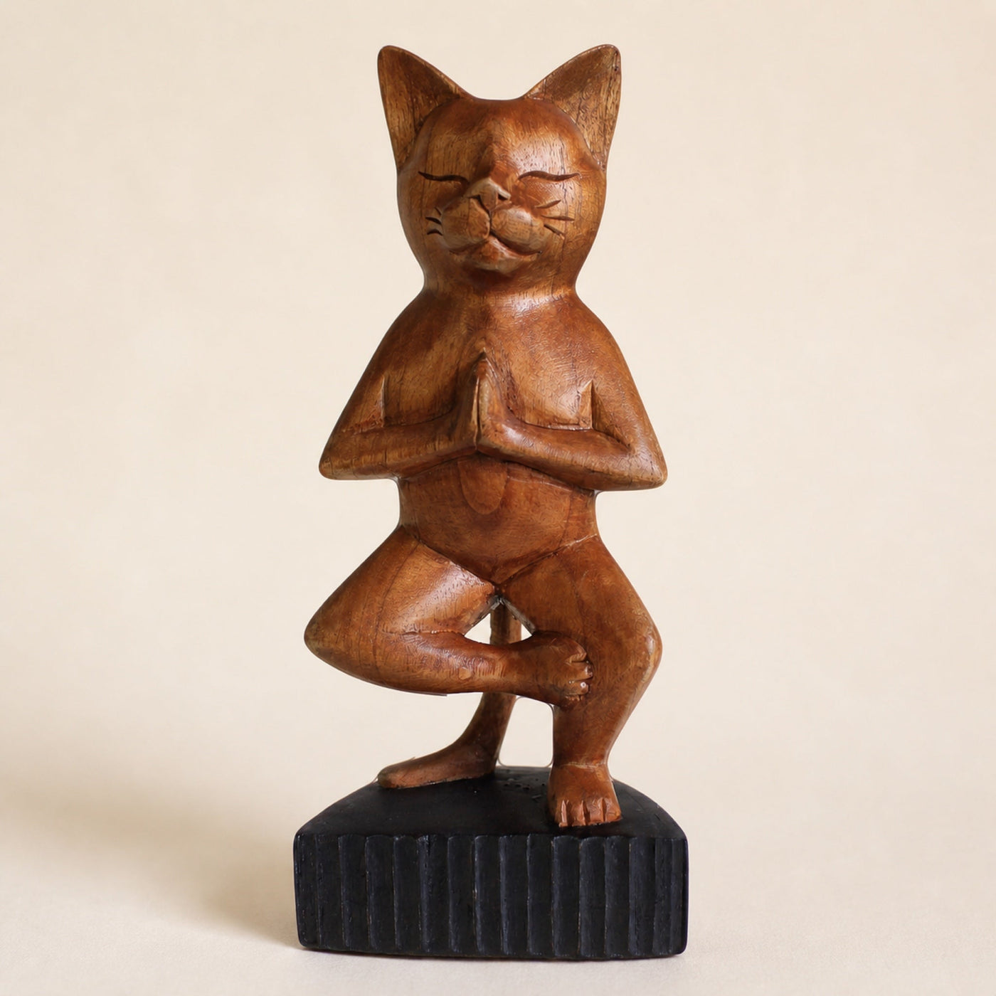 Hand-Carved Yoga Cat, One Leg