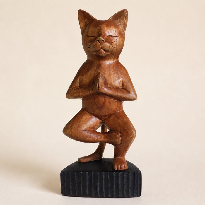 Hand-Carved Yoga Cat, One Leg