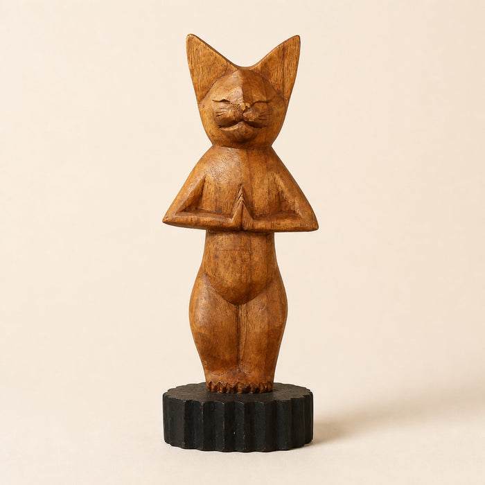 Hand-Carved Yoga Cat, Standing