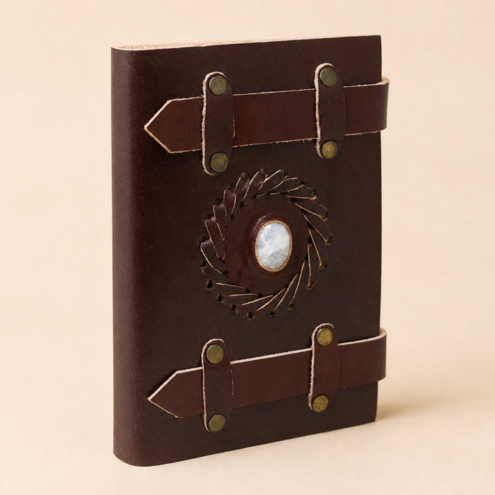 Leather Notebook with a Moonstone and Belts, 6×4in