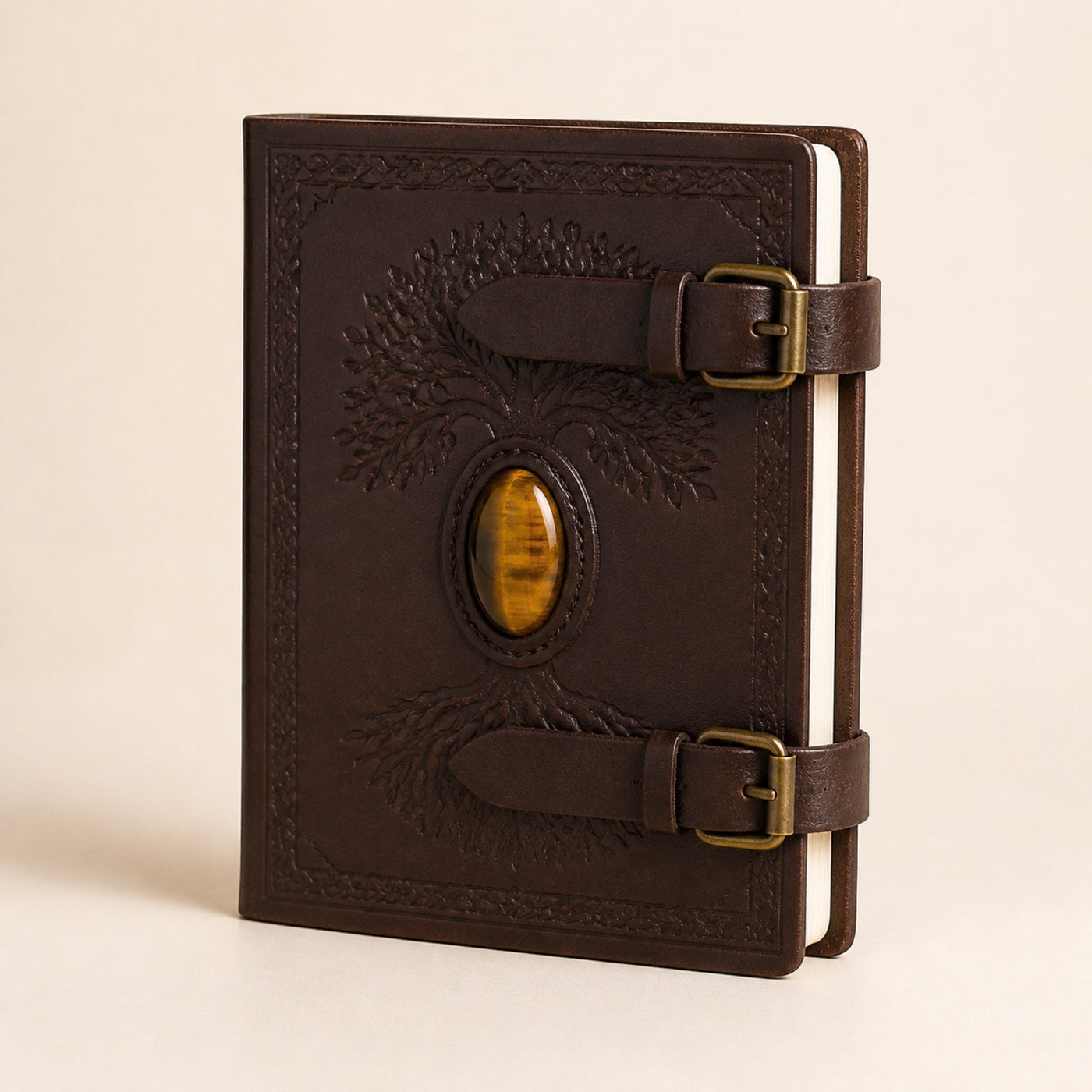 Leather Notebook with Tiger's Eye and Belts, 6×4in