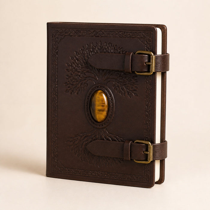 Leather Notebook with Tiger's Eye and Belts, 6×4in