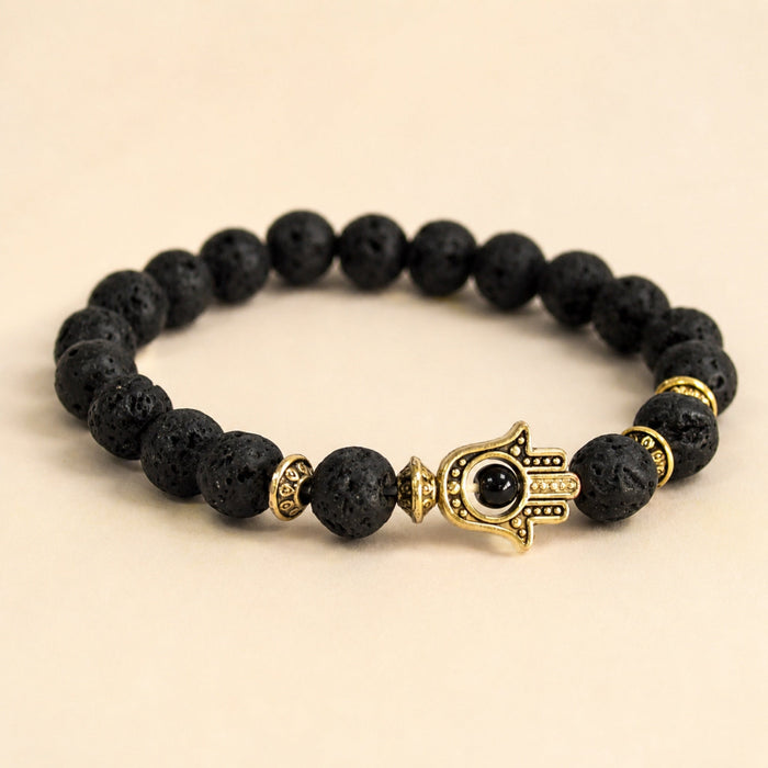 Lava Stone Bracelet, Gold Hamsa