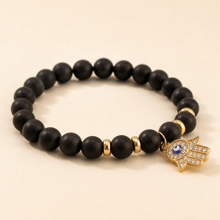 Black Agate Bracelet, Hamsa Charm