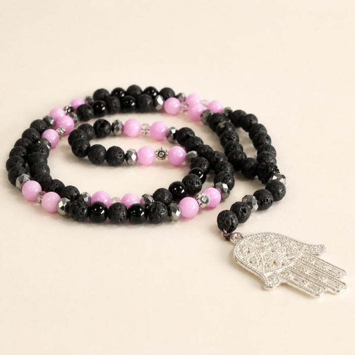 Hamsa Necklace, Pink & Black Beads, 48cm