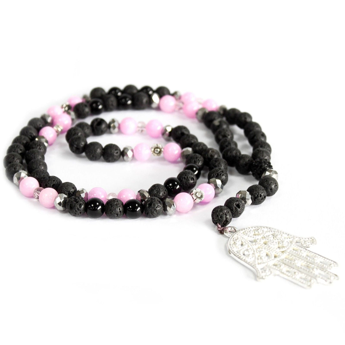 Hamsa Necklace, Pink & Black Beads, 48cm — view 2 of 4