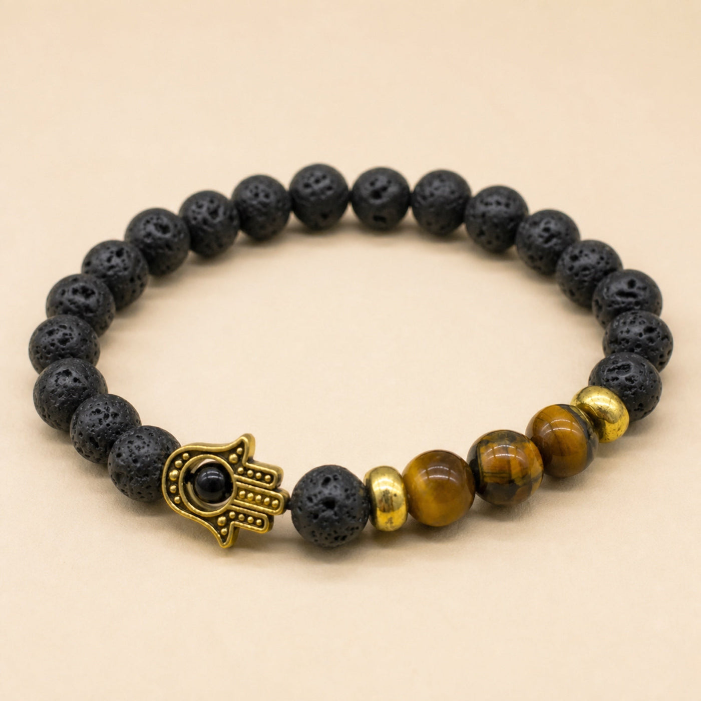 Lava Stone Bracelet, Hamsa & Tiger's Eye