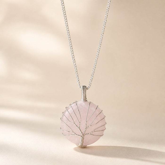 Tree of Life Gemstone Necklace, Rose Quartz