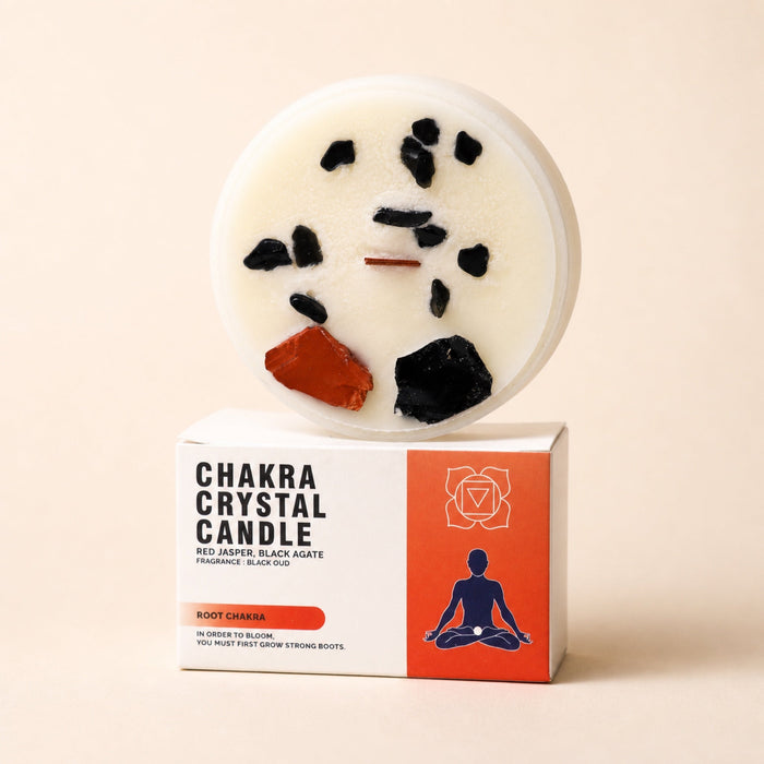 Chakra Crystal Candle, Root, Black Oud