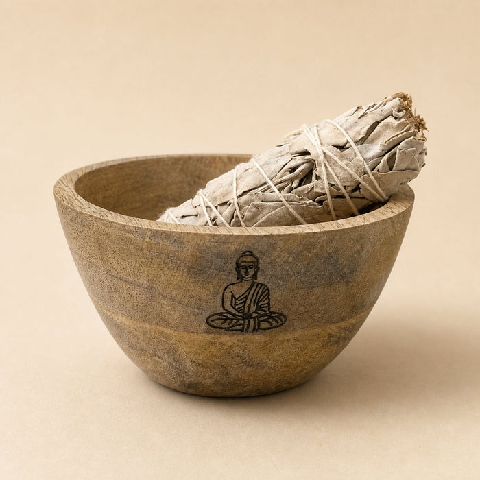 Wooden Smudge & Offerings Bowl, Buddha, 11cm