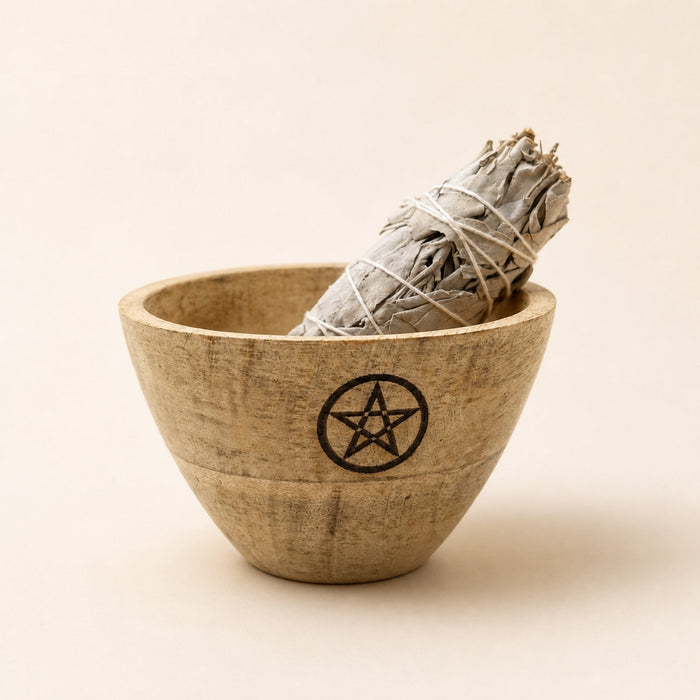 Wooden Smudge & Offerings Bowl, Pentagram, 11cm