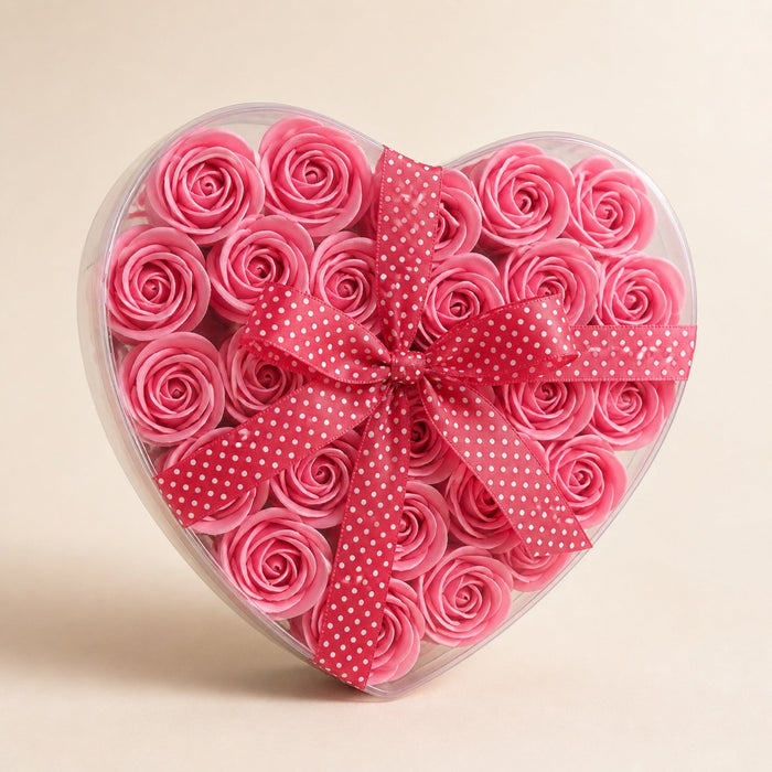 Soap Flower Heart Box, Pink Roses, Set of 24
