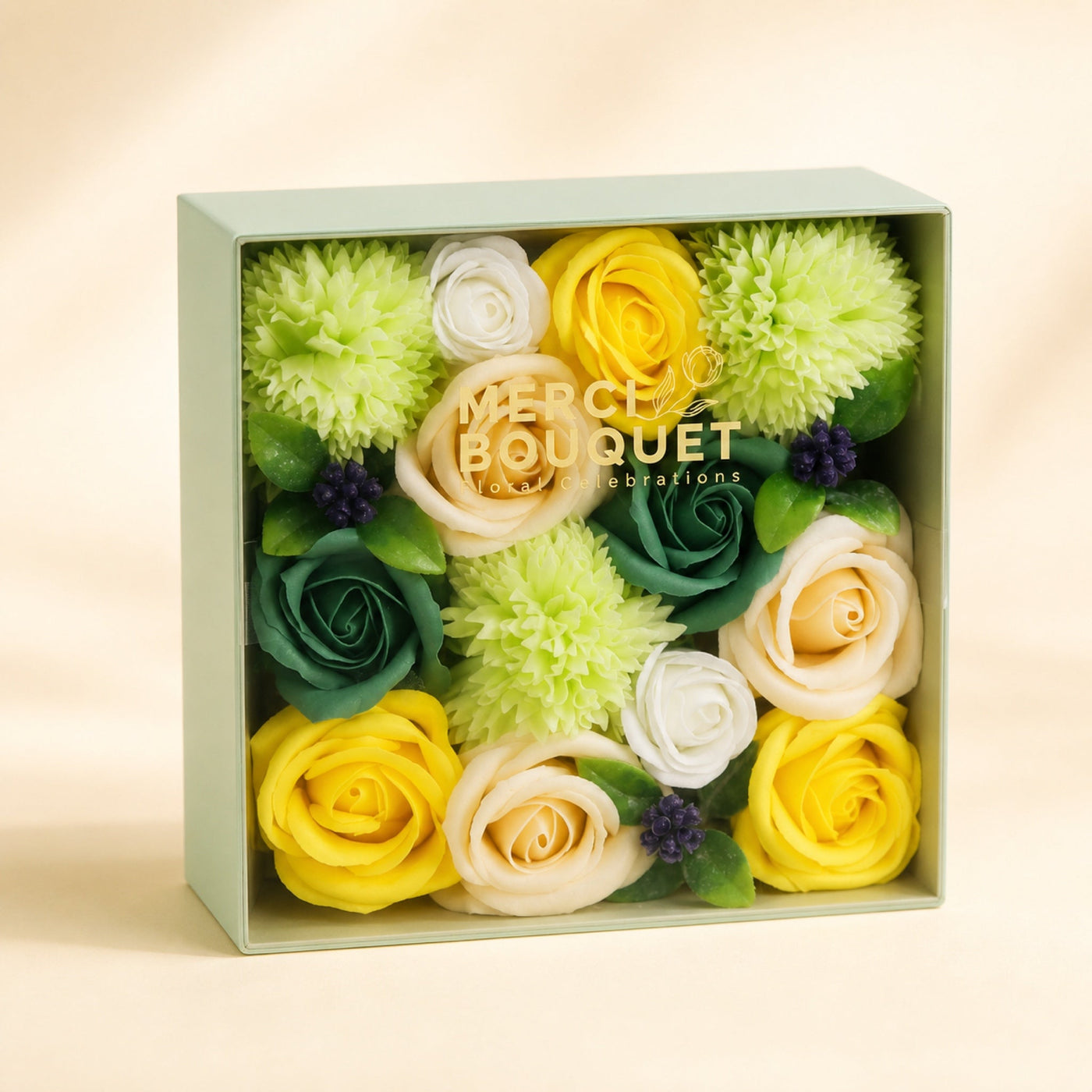 Square Soap Flower Box, Yellow & Green