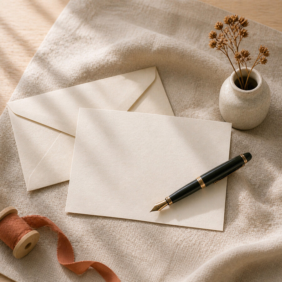 A fountain pen and a blank cream envelope on linen