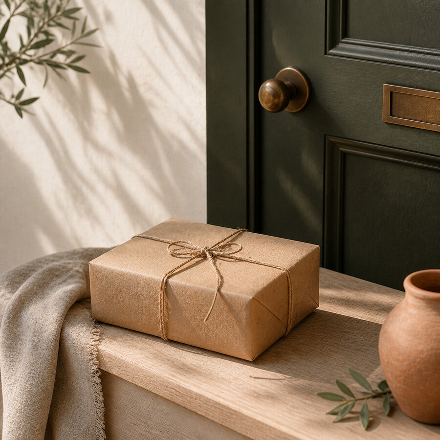 A taped kraft parcel with twine on a wooden counter