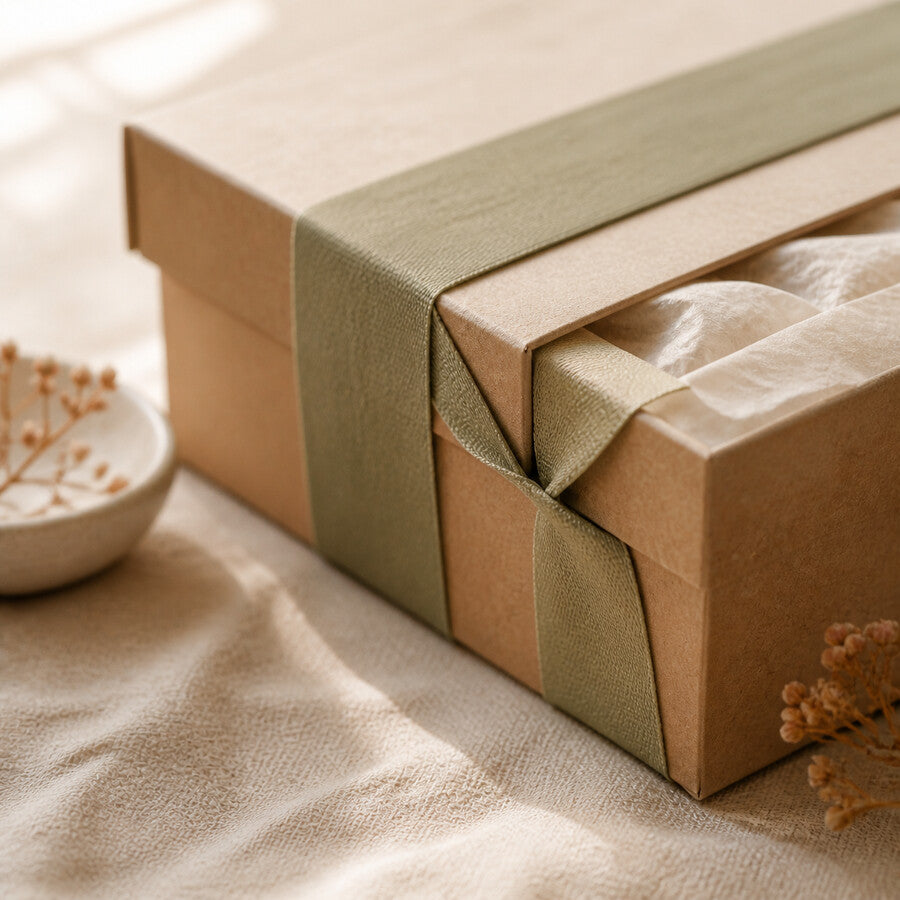 A kraft gift box with a sage ribbon and tissue paper inside