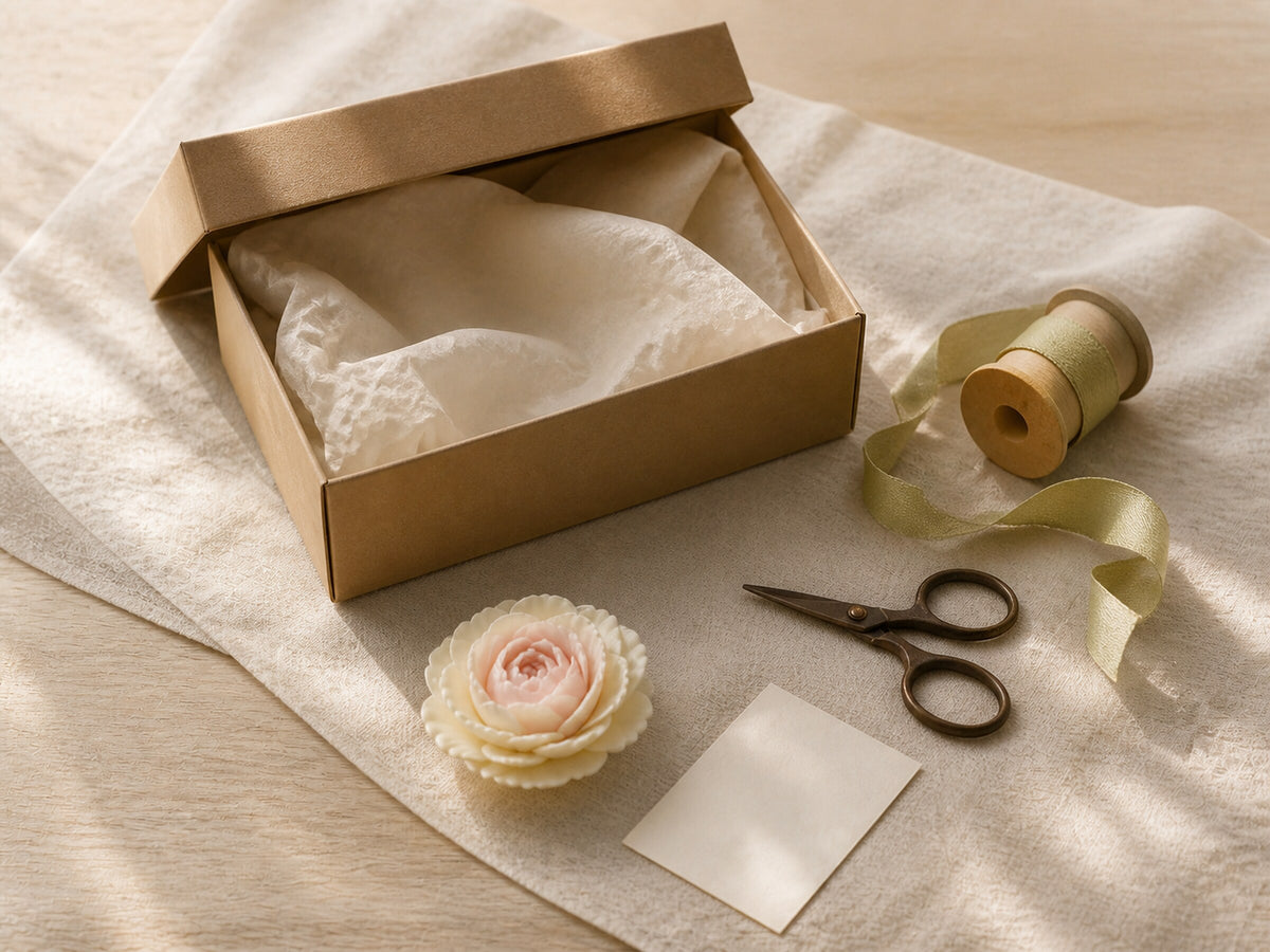 An open kraft gift box with tissue, ribbon, scissors and a blank card